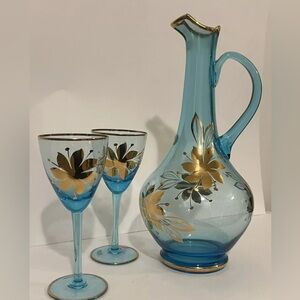 Vintage Blue Glass Decanter Set with Gold Floral Design